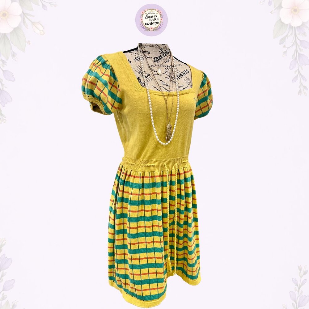 Y2K Betsey Johnson Yellow Plaid Knit Dress • Mod Puff Sleeve Midi • 100% Cotton